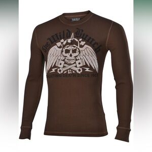 Lucky Brand Vintage Inspired Brown Graphic Long Sleeve Shirt Waffle Knit Thermal